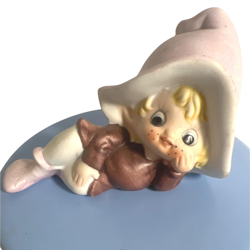 Vtg Elf Porcelain Figurine Lavender Hat Burgundy Outfit Fairycore Gardencore